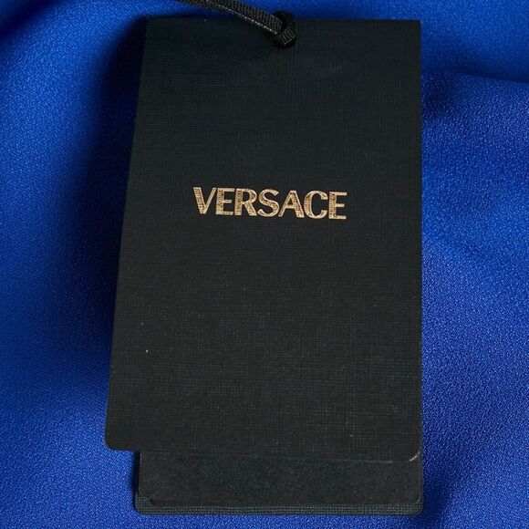 Versace Blue Barocco Lace Satin Silk Cowl Neck Slip Dress S